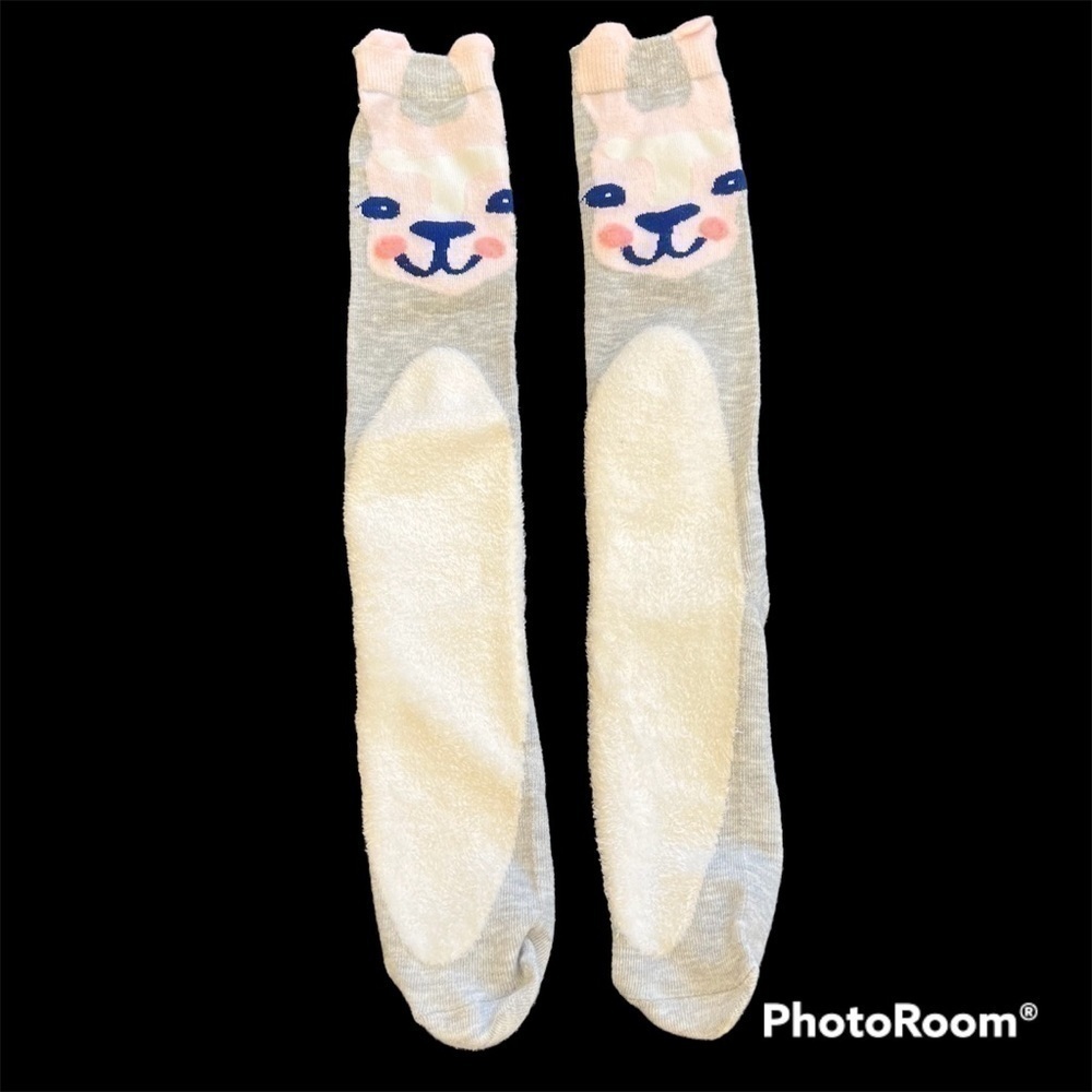 GRAY pink and white bunny knee socks, medium thickness